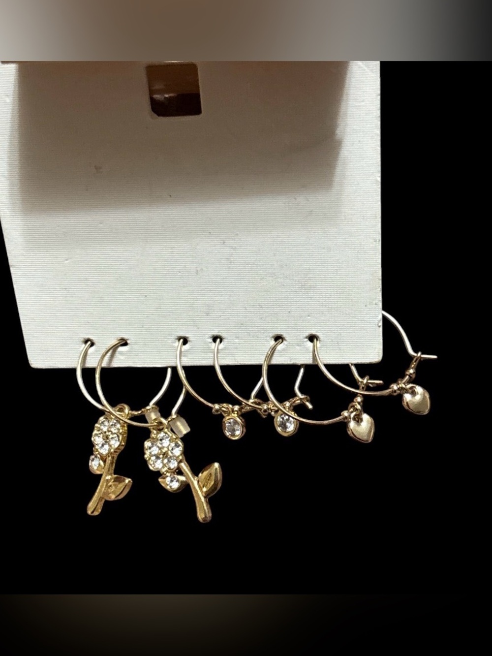 Gold Tone Hoop Charm Earring Set with Rhinestone Flower and Hearts